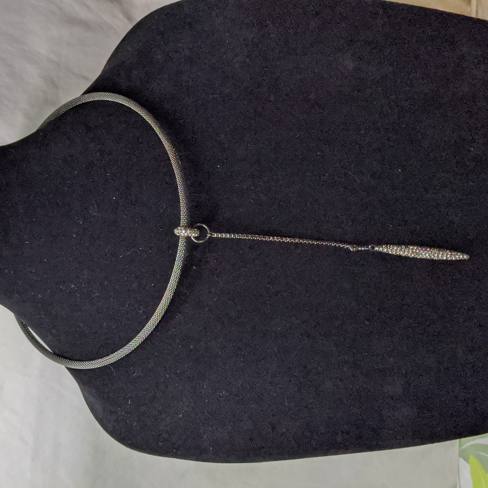 Chico's Eliza Collar Necklace, Gunmetal/Black Mesh With Chain And Crystal Drop